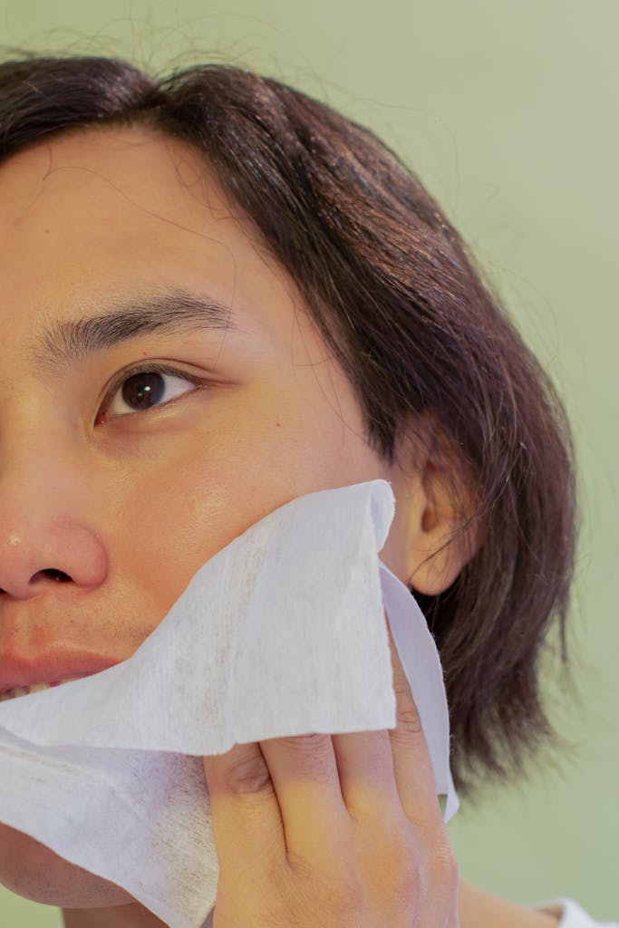 Male wiping face with wet wipe - maintain hygiene without overwashing