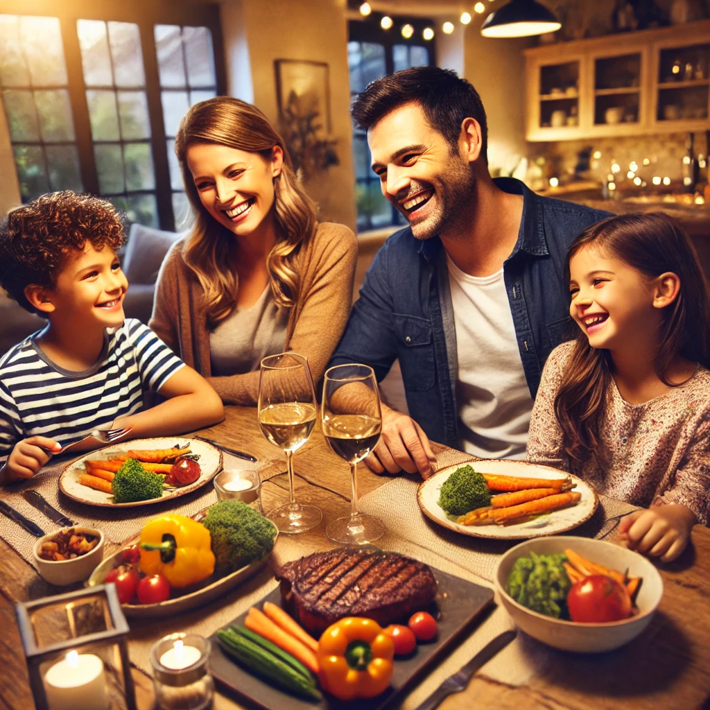 DALL·E 2024-10-30 22.49.13 - A joyful family of four enjoying dinner together at a cozy dining table. The scene includes a beautifully cooked steak and a colorful array of vegetab Dinner Swaps with family