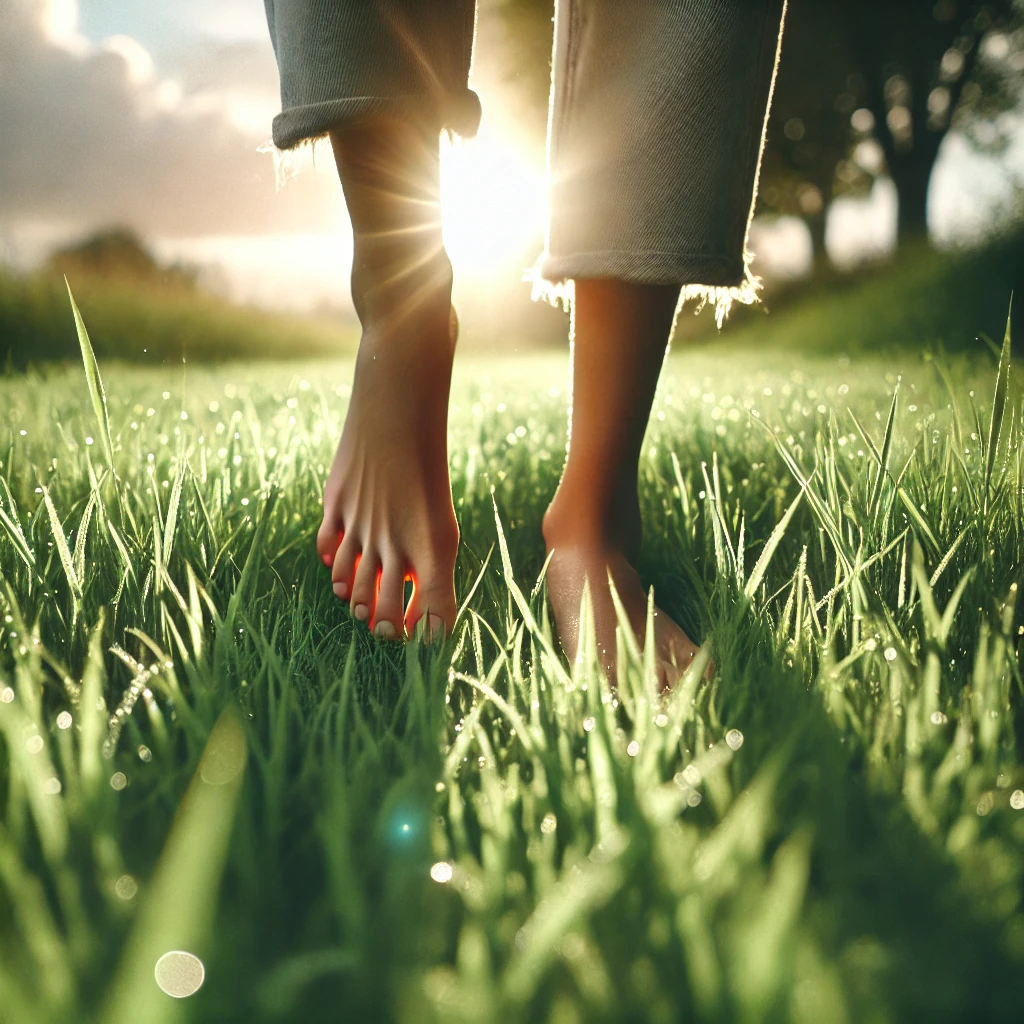 DALL·E 2024-11-04 22.46.00 - A serene image of a person walking barefoot on a lush, green grass field under a soft, warm sunlight. The scene is peaceful, with close-up detail on t Walking barefoot in grass - Effects of Grounding