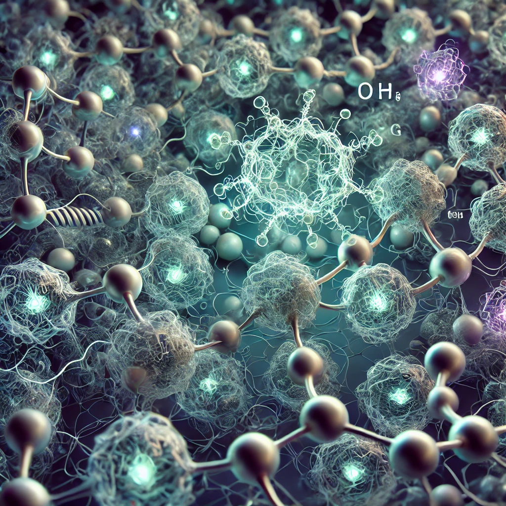 DALL·E 2024-11-07 18.53.25 - A detailed and artistic visualization of molecular proteins and electrons, showing an intricate network of protein molecules with atoms and bonds in a