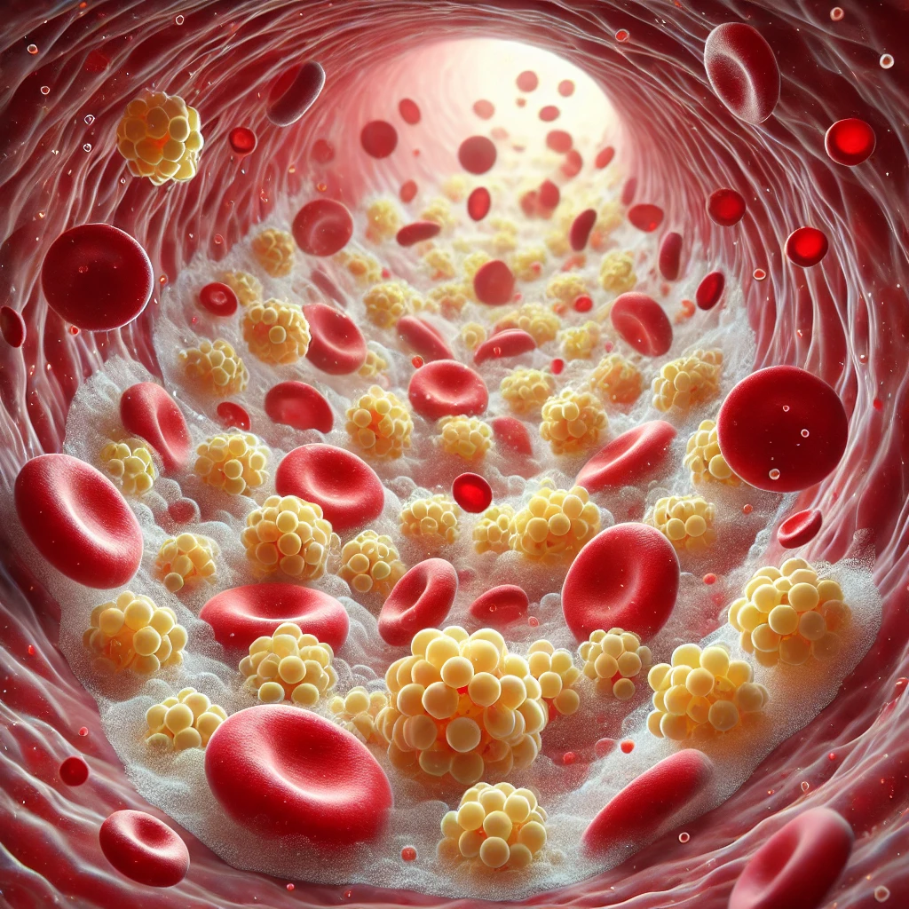 DALL·E 2024-11-08 22.32.34 - A detailed, realistic scientific illustration of triglycerides circulating in the bloodstream. The image shows red blood cells and triglyceride molecu Triglycerides in the bloodstream