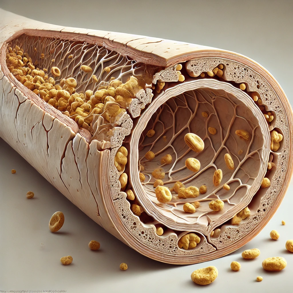 DALL·E 2024-11-12 22.46.03 - A detailed medical illustration showing a cross-section of a human artery with visible cracks along its inner wall. Cholesterol particles are shown ad