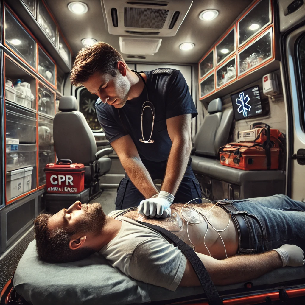 DALL·E 2025-01-03 22.20.45 - A candid and realistic depiction of a medical emergency in the back of an ambulance. The scene features a man lying on a stretcher receiving CPR from