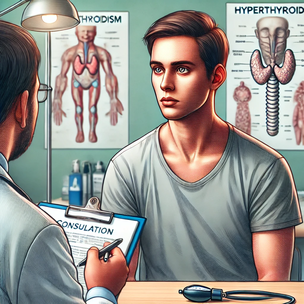 DALL·E 2024-12-07 10.28.39 - A detailed digital illustration of a person with hyperthyroidism during a medical consultation. The patient, a thin individual with slightly protrudin hyperthyroidism