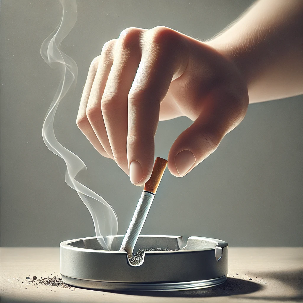 DALL·E 2024-12-08 22.50.58 - A realistic illustration of a person extinguishing a cigarette in an ashtray, symbolizing an attempt to quit smoking. The person’s hand is shown press