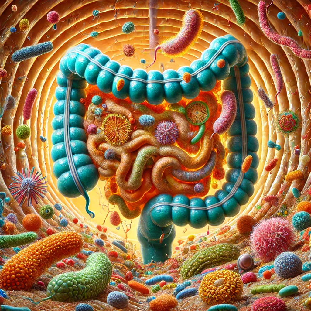 DALL·E 2025-01-25 18.57.22 - A highly detailed and scientifically accurate illustration of the human gut microbiome, showcasing diverse bacteria and microorganisms in vibrant colo
