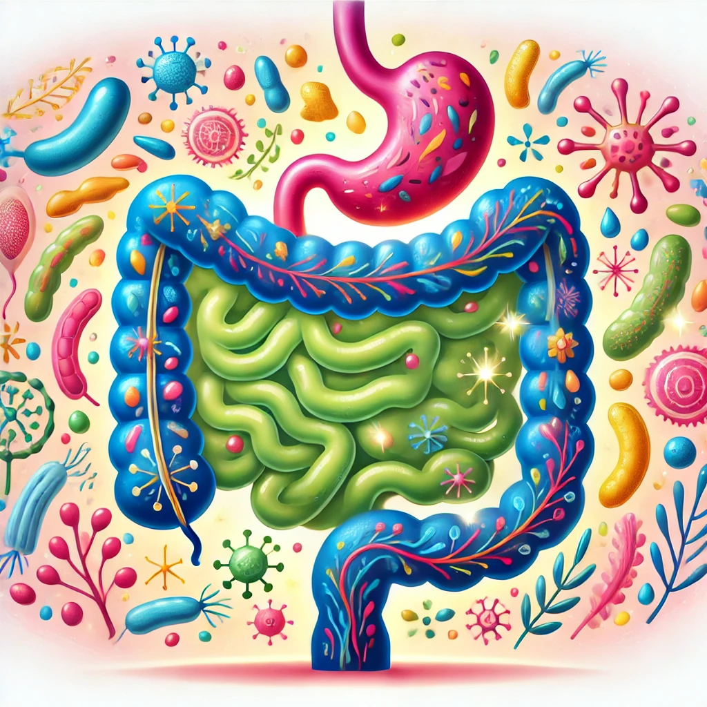 DALL·E 2025-03-16 14.53.49 - Illustration of a healthy gut microbiome, showing a vibrant digestive tract with colorful, diverse beneficial bacteria, represented as various friendl